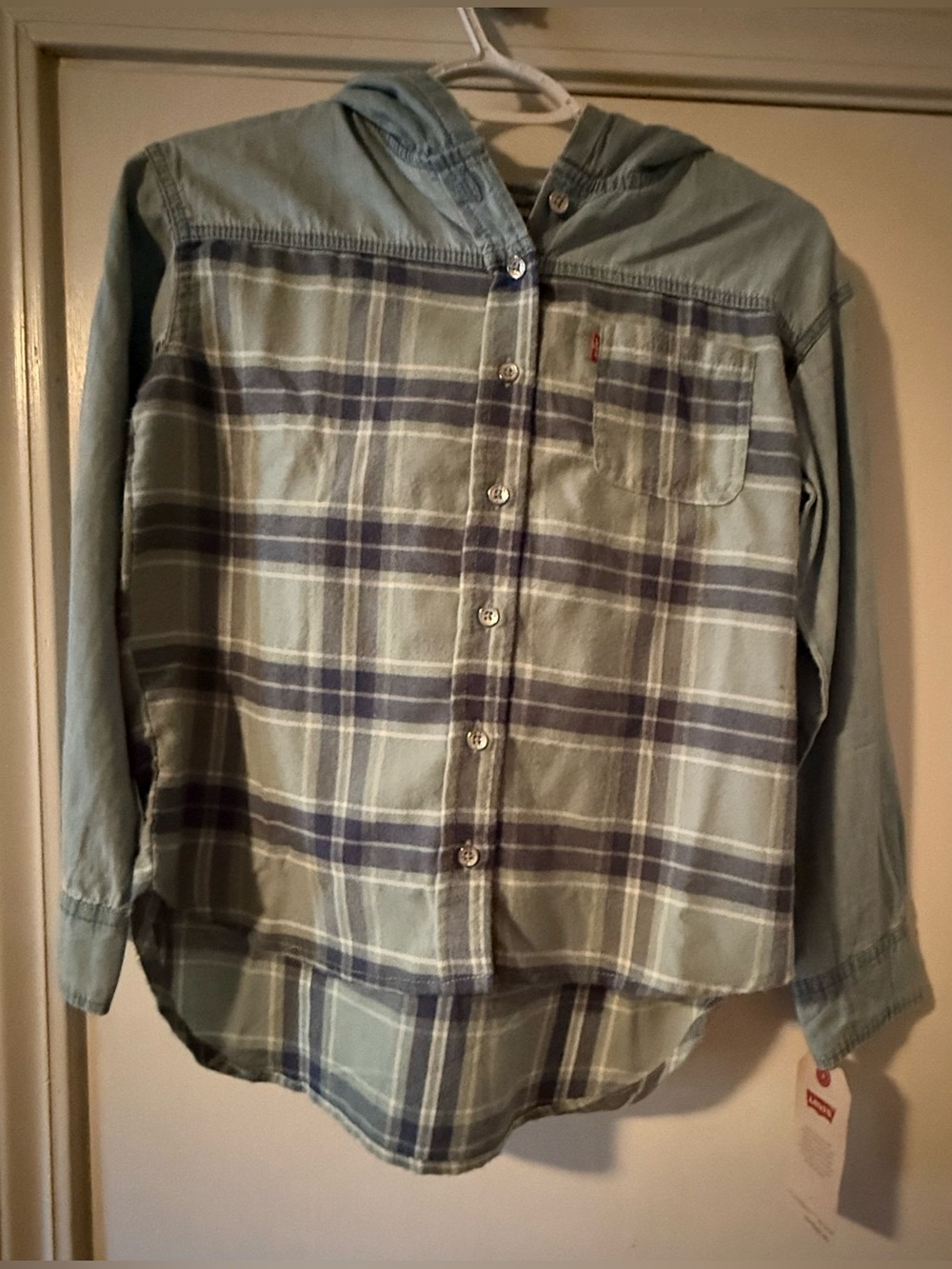 Levi's Kids Light Blue and Navy Plaid Hooded Button-Down Shirt